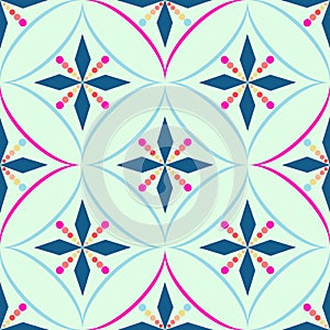 Seamless geometric pattern, circle and shape of rhombus on a blue background