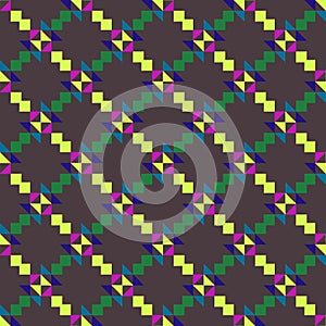 Seamless geometric pattern with colored triangles and squares on grey background.