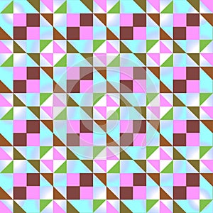 Seamless geometric pattern with colored triangles and squares on light blue background.