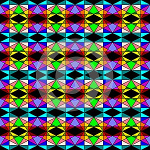 Seamless geometric pattern of colorful mosaic, many sizes of triangle shapes on black background. Flat design vector illustration,