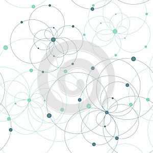 Seamless geometric pattern with connected circles and dots.