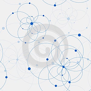 Seamless geometric pattern with connected circles and dots.