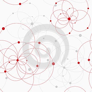 Seamless geometric pattern with connected circles and dots.