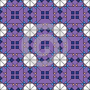 Seamless geometric pattern in dark colors. Abstract tiles from decorative elements of square shapes, rhombuses and squares, purple