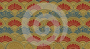 A seamless geometric pattern featuring overlapping fan shapes, reminiscent of art photo