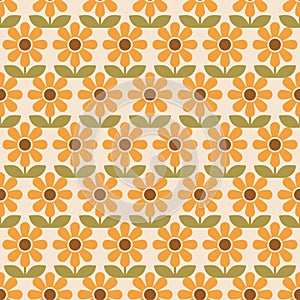 Seamless geometric pattern with flowers. Yellow flowers background.