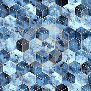 Seamless geometric pattern with gold and blue watercolor polygons. Abstract hexagons background