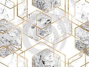 Seamless geometric pattern with gold glitter lines and marble polygons