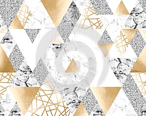 Seamless geometric pattern with gold metallic lines, silver glitter, gray and marble triangles