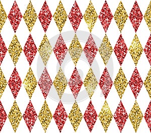 Seamless geometric pattern of golden, red and white rhombuses.