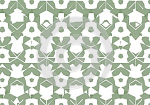 Seamless geometric pattern in green and white. Features symmetrical shapes resembling abstract