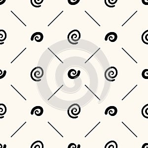 Seamless geometric pattern with handdrawn doodle swirls and lines. Background with repeatable spirals in monochrome