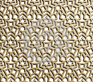 Seamless geometric pattern. Islamic pattern. arabic, east ornament, indian ornament, persian motif, 3D. Ramadan Kareem gold