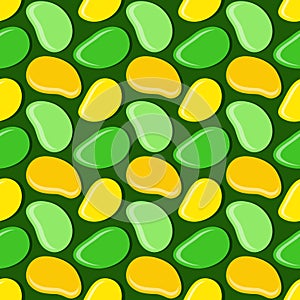 Seamless geometric pattern, mango in flat style on dark green background, stripes abstract template, vector illustration