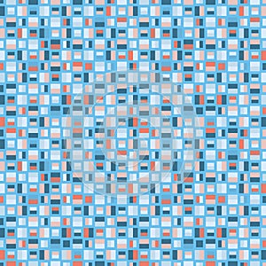 Seamless geometric pattern of multi-coloured squares on blue background. Stock vector illustration for web and print, home decor,