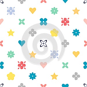 Seamless geometric pattern of multicolored icons of flowers on a white background.