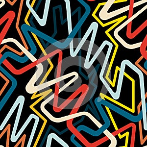 Seamless geometric pattern with multicolored tangles lines on black background. Graffiti style. Vector illustration.