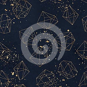 Seamless geometric pattern on navy background with paint splashes. Abstract gold polygonal geometric shapes / crystals