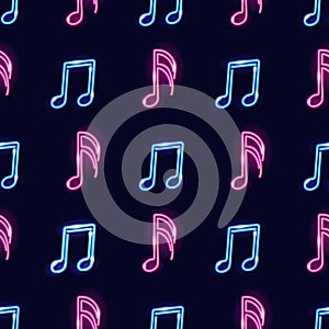 Seamless geometric pattern with neon icons of music notes on dark background. Music concept for print or wrapping paper