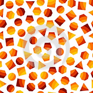 Seamless geometric pattern with orange squares, triangles, circles, pentagons, hexagons and heptagons for tissue and postcards.