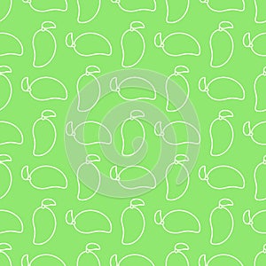 Seamless geometric pattern, outline of mango on light green background, stripes abstract template, vector illustration