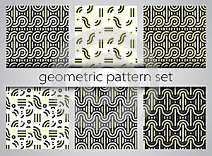 Seamless geometric pattern set. Geometric simple prints. Vector repeating textures with lines and shapes.