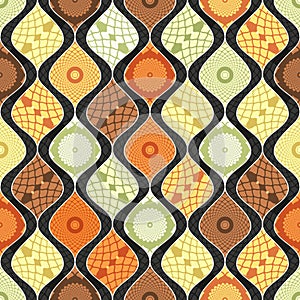 Seamless geometric pattern of shapes with vintage pattern in retro colors