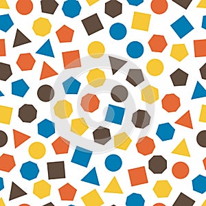 Seamless geometric pattern with squares, triangles, circles, pentagons, hexagons and heptagons for tissue and postcards.