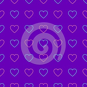 Seamless geometric pattern of staggered blue and pink neon glowing hearts on purple background, vector illustration