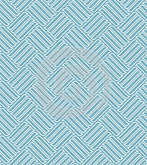 Seamless geometric pattern with striped blue squares arranged in diagonal lines on a white background. Modern wavy design.