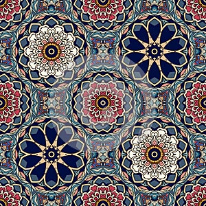 Seamless geometric pattern with stylized lotus and flowers mandalas. Indian, persian, moroccan motives.
