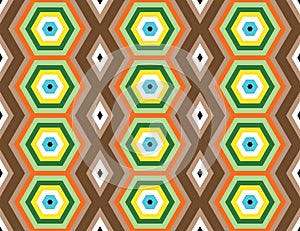 Seamless geometric pattern, texture or background vector in brown, black, blue, white, green, orange colors