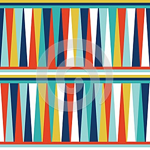 Seamless geometric pattern vector background abstract vintage retro design art with colorful triangles and horizontal stripes