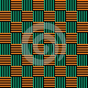 Seamless geometric pattern vector background design colorful abstract art with lines striped tiled as squares orange black green