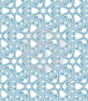 Seamless geometric pattern. Wavy blue lines and swirls on a white background. Art nouveau style. Graphic texture.