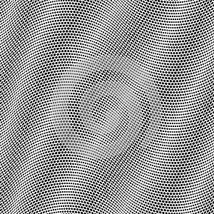 Seamless geometric pattern with wavy dotted black lines on a white background. Halftone dots texture. Metallic perforated mesh.