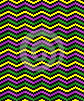 Seamless geometric pattern with zigzag stripes. Suitable for packaging, wrapping paper, wallpaper on Mardi Gras celebration.