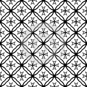 Decorative Seamless Floral Geometric Black & White Pattern Background. Monochromatic, flowers.