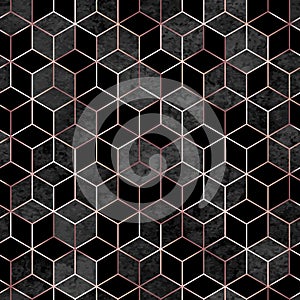 Seamless geometric rose gold and gray watercolor polygons pattern. Metallic golden hexagon abstract black textured background