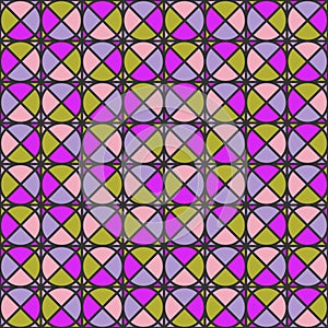 Seamless geometric simple pattern of colored triangles and circles, mosaic, with a dark outline.