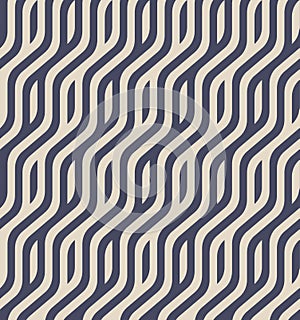 Seamless geometric striped pattern with diagonal wavy lines in blue and white. Monochrome linear waves. Modern stylish texture.