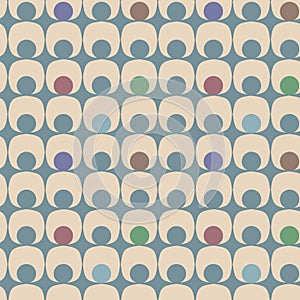 Seamless geometric surface pattern of bright polka dots in gray blue cells on cream background. Repeat modern background for