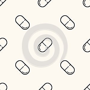 Seamless geometric vector medicine pattern with pills and capsules in line style. Healthcare illustration with