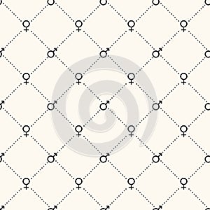 Seamless geometric vector pattern with gender signs and polka dot. Mars and venus icons background. Man and woman