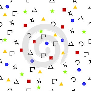 Seamless geometric vector pattern triangles squares circles stars uncompleted shapes colorful grey yellow blue green red