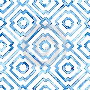 Seamless geometric watercolor pattern. White and blue textile print. Handwork with paints on paper. Grunge texture