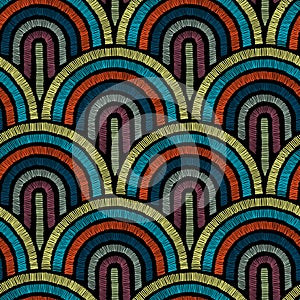 Seamless geometrical arch pattern, satin stitch embroidery