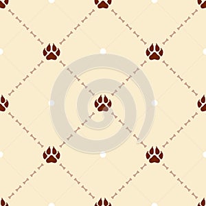 Seamless geometrical colorful pattern with dog paw prints. Simple and minimal flat background with pet footprint and bones in