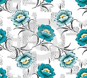 Seamless geometrical vintage floral pattern on white background