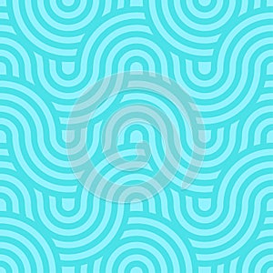 Seamless Geometry Pattern Background of blue overlapping horizontal wavy curly lines.